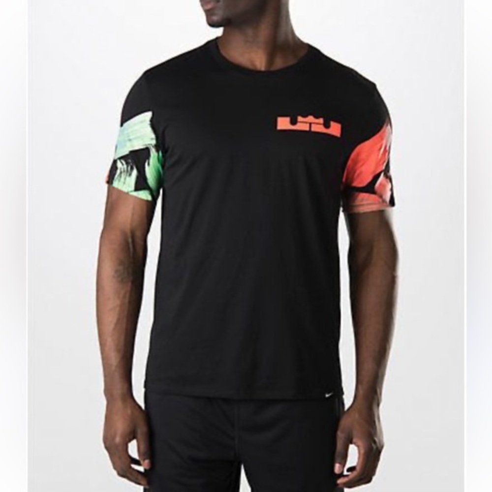NIKE M LeBron James black shirt  with orange emblem and with bright sleeves